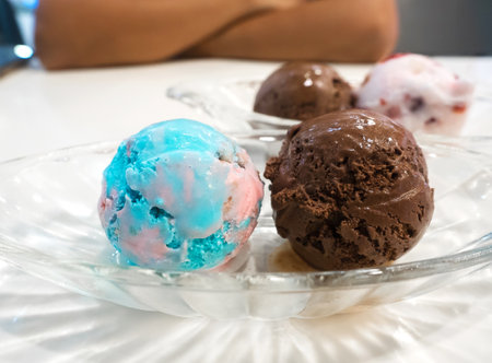 ice cream rainbow and ice cream chocolate close up.の写真素材