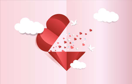 Illustration of love and valentine's day, paper heart shaped flying in the sky, open paper heart and small hearts floating in the sky with paper art and digital craft patterns.のイラスト素材