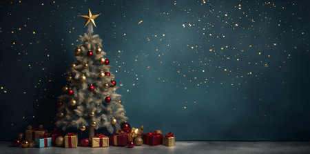 Christmas trees in front of the snowing christmas scene cute cartoonish designs dark red and sky blueの素材