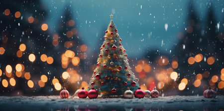 Christmas trees in front of the snowing christmas scene cute cartoonish designs dark red and sky blueの素材
