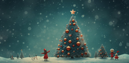 Christmas trees in front of the snowing christmas scene cute cartoonish designs dark red and sky blueの素材