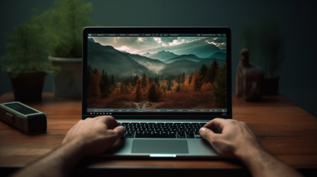 Photographer editing photos on a laptopの素材