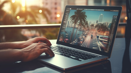 Photographer editing photos on a laptopの素材