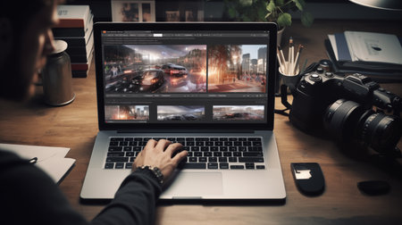 Photographer editing photos on a laptopの素材