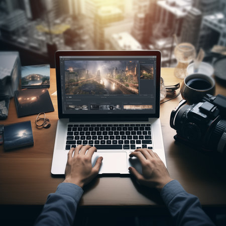 Photographer editing photos on a laptopの素材