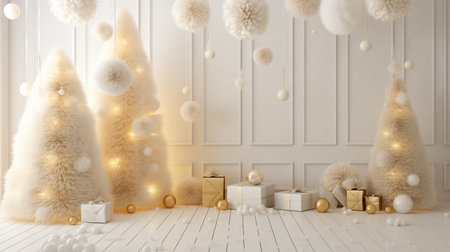 Christmas Tree White Shiny Lights in white room modern style generative aiの素材