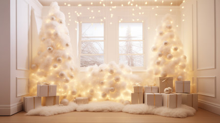 Christmas Tree White Shiny Lights in white room modern style generative aiの素材