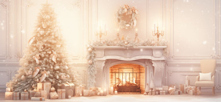 Christmas Tree White Shiny Lights in white room modern style generative aiの素材