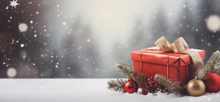 Christmas red gift box decorated with evergreen branch on blur background with snow. Christmas and New Year banner.の素材