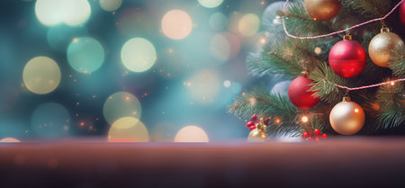 Merry Christmas and Happy New Year. Festive bright beautiful background. Decorated Christmas tree on blurred background. de-focused lights, snow bokehの素材