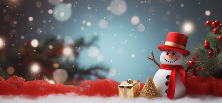 Merry Christmas and Happy New Year. Festive bright beautiful background. Decorated Christmas tree and snowman on blurred background. de-focused lights, snow bokehの素材