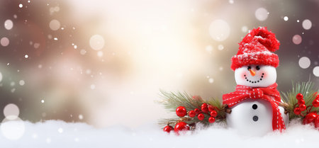 Merry Christmas and Happy New Year. Festive bright beautiful background. Decorated Christmas tree and snowman on blurred background. de-focused lights, snow bokehの素材