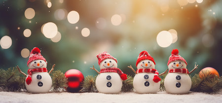 Merry Christmas and Happy New Year. Festive bright beautiful background. Decorated Christmas tree and snowman on blurred background. de-focused lights, snow bokehの素材