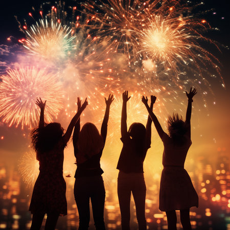 A woman in the New Year celebration atmosphere, with fireworks lcelebrating Silvester. Happy New Year! Party, holidays, celebration and people concept - group of smiling friendsの素材