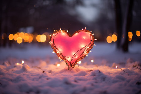 A red heart is placed on the snow and snow falls.Valentine's day and Love composition a place to copy.の素材