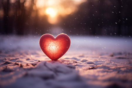 A red heart is placed on the snow and snow falls.Valentine's day and Love composition a place to copy.の素材