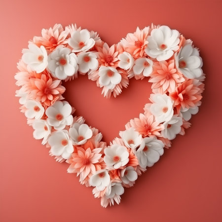 alentine's day roses in a heart shape on orange background colors, light orange and white of pastel colorの素材