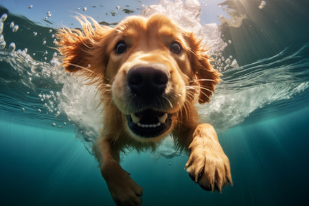Underwater photo of puppy in outdoor swimming pool play with fun - jumping and diving deep down. Activities and games with family pets and popular dog on summer holiday.の素材