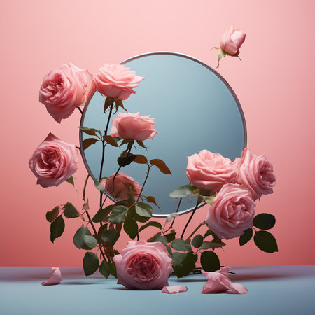 pink roses flying into a mirror Minimal background for cosmetic package presentationの素材