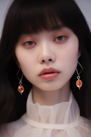 Fashion Beauty Woman has short straight black hair and express feeling. Portrait of Asian girlの素材
