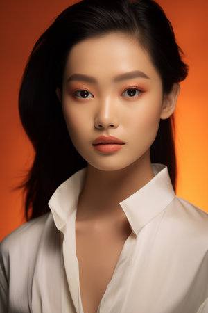Fashion Beauty Woman has short straight black hair and express feeling. Portrait of Asian girlの素材