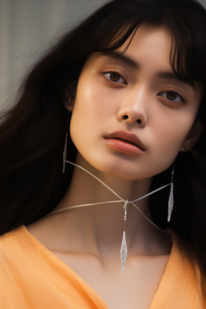 Fashion Beauty Woman has short straight black hair and express feeling. Portrait of Asian girlの素材