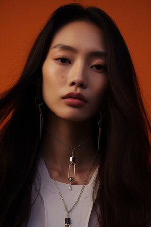 Fashion Beauty Woman has short straight black hair and express feeling. Portrait of Asian girlの素材
