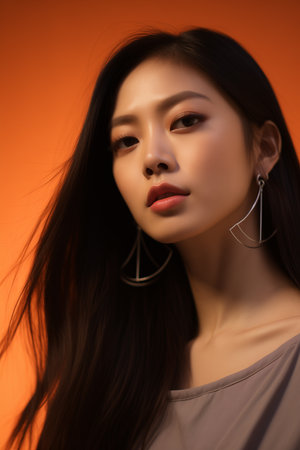 Fashion Beauty Woman has short straight black hair and express feeling. Portrait of Asian girlの素材