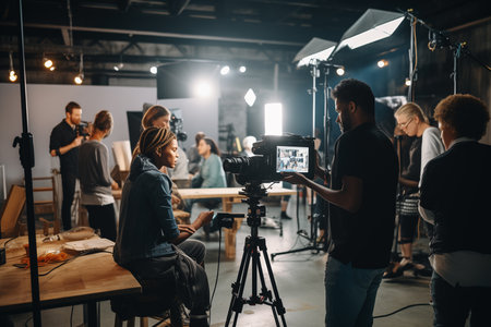 The people who work behind the scenes in the studio, including the editors, photographers and directors, set up the sets and lighting crews.の素材
