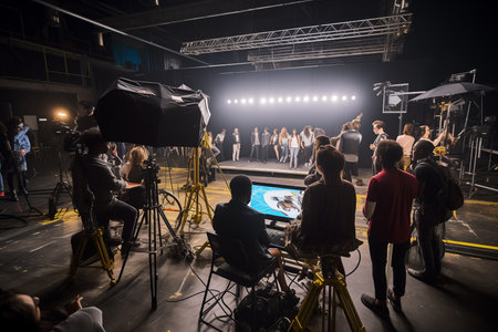 The people who work behind the scenes in the studio, including the editors, photographers and directors, set up the sets and lighting crews.の素材
