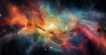 The Orion nebula, stars in orbit. Massive constellation of stars. Digitally enhanced. Elements of backgroundの素材
