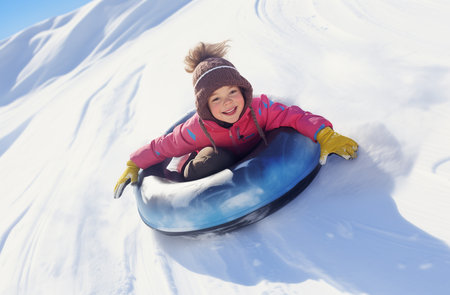 little girl riding on snow slides in winter timeの素材