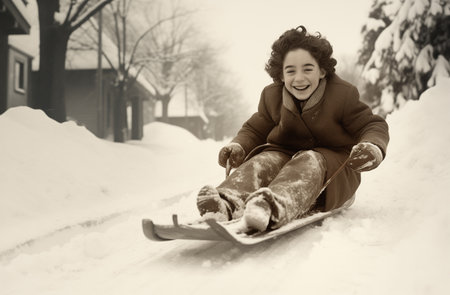 little girl riding on snow slides in winter timeの素材