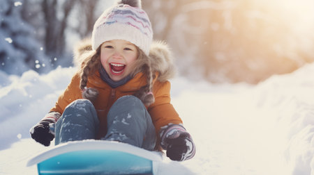 little girl riding on snow slides in winter timeの素材