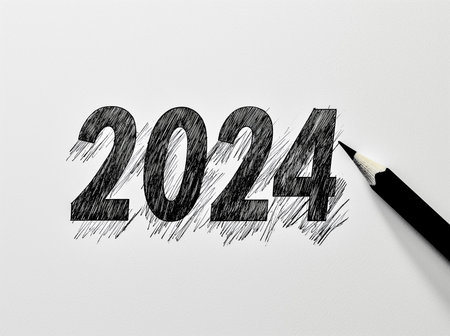 Black pencil writes New Year's numbers 2024 Happy new year close upの素材