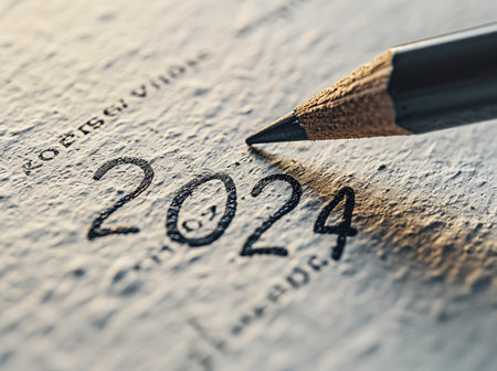 Black pencil writes New Year's numbers 2024 Happy new year close upの素材