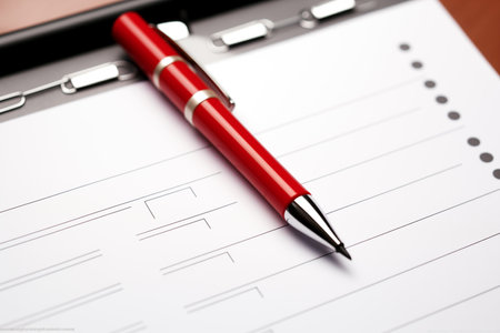 Red marking on checklist box with pencil close up. Checklist conceptの素材