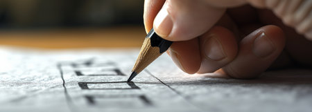 Hand writing marking on checklist box with pencil close up. Checklist conceptの素材