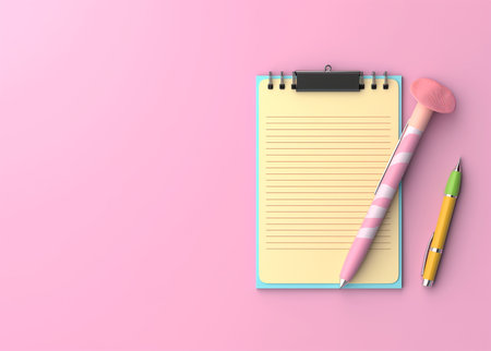 marking on checklist box with pencil top view on pink background. Checklist conceptの素材