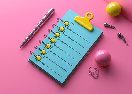 marking on checklist box with pencil top view on pink background. Checklist conceptの素材