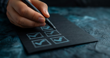 Black marking on checklist box with pencil close up. Checklist conceptの素材