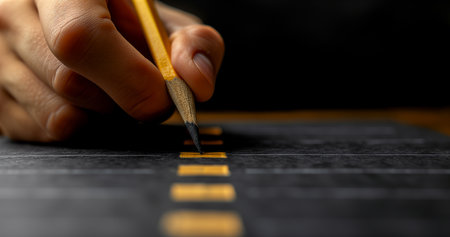 Black marking on checklist box with pencil close up. Checklist conceptの素材