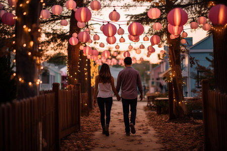 a couple walks trough a flower garden with pink lanterns hanging valentine conceptの素材
