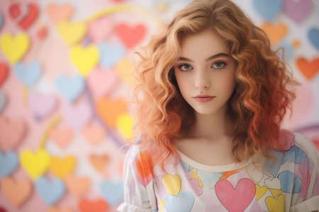 a girl with yellow hair with pink heart painted on her face valentine conceptの素材