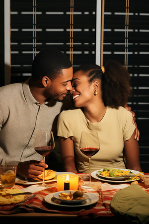 relationship couple giving each other kiss with dinnerの素材