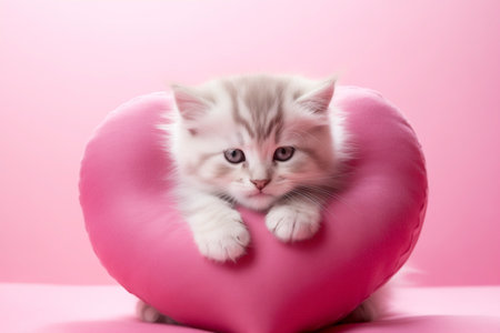 Cat sleeping on a heart-shaped pillow generative aiの素材
