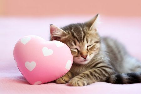 Cat sleeping on a heart-shaped pillow generative aiの素材