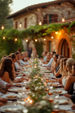 People celebrate table decorations for holidays and wedding dinner. Table set for holiday, event, party or wedding reception in outdoor restaurantの素材