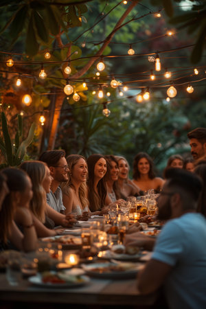 People celebrate table decorations for holidays and wedding dinner. Table set for holiday, event, party or wedding reception in outdoor restaurantの素材