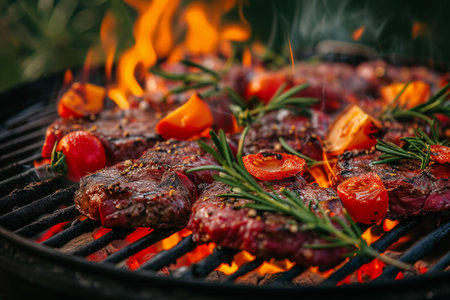 Grilling meat on a grill outside, barbeque Out door dinner conceptの素材